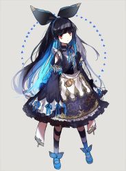 Rule 34 | 1girl, absurdres, black bow, black dress, black hair, blue footwear, blue hair, blue ribbon, bow, closed mouth, clothing cutout, dress, full body, hair bow, hairband, highres, long hair, long sleeves, looking at viewer, multicolored hair, neck ribbon, original, pantyhose, red eyes, ribbon, shoes, shoulder cutout, sleeves past fingers, sleeves past wrists, sogawa, solo, standing, striped clothes, striped pantyhose, two-tone hair, wide sleeves