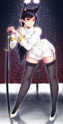 Rule 34 | 1girl, animal ears, atago (azur lane), azur lane, black hair, black thighhighs, blush, breasts, brown eyes, buttons, commentary, double-breasted, extra ears, full body, garter straps, gloves, glowing, gt-apex, hair ribbon, high heels, highres, holding, holding sword, holding weapon, jacket, katana, lace, lace-trimmed legwear, lace trim, lamppost, large breasts, leaning forward, light, long hair, looking at viewer, military, military uniform, miniskirt, mole, mole under eye, nail polish, night, outdoors, parted lips, red nails, ribbon, sheath, sheathed, sidelocks, skindentation, skirt, smile, snow, snowing, solo, swept bangs, sword, thighhighs, uniform, weapon, white footwear, white gloves, white jacket, white ribbon