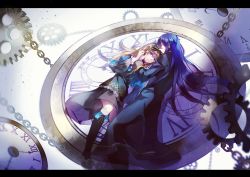 Rule 34 | 1boy, 1girl, alice liddell (kuni no alice), blue eyes, blue hair, boots, bow, brown hair, capelet, chain, clock, couple, dress, earrings, closed eyes, gears, hair bow, holding hands, hands on another&#039;s face, heart no kuni no alice, hetero, highres, jewelry, julius monrey, letterboxed, long hair, magicpants, pants, robe, sleeping, very long hair