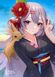 Rule 34 | 1girl, animal, animal on shoulder, black kimono, blue sky, breasts, closed mouth, cloud, commentary request, copyright request, flower, grey hair, hair between eyes, hair flower, hair ornament, hairclip, hand up, highres, hoshimiya aki, japanese clothes, kimono, long hair, long sleeves, looking at viewer, medium breasts, nengajou, new year, obi, official art, outdoors, rabbit, red eyes, red flower, sash, sky, smile, solo, v, very long hair, virtual youtuber, wide sleeves