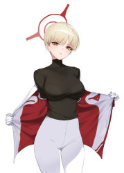 Rule 34 | 1girl, black shirt, blonde hair, blue archive, breasts, gloves, halo, highres, jacket, jason kim, large breasts, looking at viewer, marina (blue archive), off shoulder, open clothes, open jacket, pants, parted lips, shirt, short hair, simple background, solo, sweat, turtleneck, white background, white gloves, white pants, yellow eyes