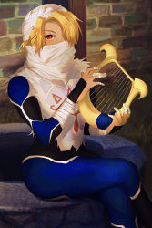 Rule 34 | 1girl, androgynous, artist request, blonde hair, bodysuit, brick wall, finger wrap, hair over one eye, harp, highres, instrument, crossed legs, looking at viewer, mask, nintendo, red eyes, sheik, sitting, solo, the legend of zelda, the legend of zelda: ocarina of time, turban
