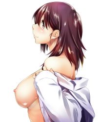 Rule 34 | 1girl, absurdres, breasts, dress shirt, eisuke (gobangai hole boys), from side, highres, large breasts, long hair, looking at viewer, naked shirt, nipples, no bra, off shoulder, open clothes, open shirt, original, puffy nipples, purple eyes, purple hair, shirt, sideboob, simple background, sleeves past wrists, smile, solo, undressing, white background, white shirt