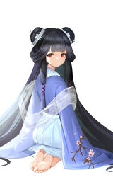 Rule 34 | 1girl, absurdres, bad id, bad pixiv id, barefoot, black hair, blue hakama, blue kimono, blunt bangs, chinese commentary, closed mouth, commentary request, double bun, feet, floral print, flower, from behind, full body, hair bun, hair flower, hair ornament, hair ribbon, hakama, hakama skirt, highres, hime cut, japanese clothes, kaguya (onmyoji), kimono, long hair, long sleeves, looking at viewer, looking back, onmyoji, purple ribbon, red eyes, ribbon, seiza, short eyebrows, simple background, sitting, skirt, sleeves past fingers, sleeves past wrists, soles, solo, takanoriha kasui, thick eyebrows, toes, very long hair, white background, white flower