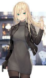 Rule 34 | 1girl, :o, bag, black jacket, blonde hair, blurry, blurry background, breasts, brown thighhighs, cowboy shot, dress, earrings, green eyes, grey dress, hair between eyes, hand up, handbag, highres, holding, holding own hair, hoop earrings, isegawa yasutaka, jacket, jewelry, large breasts, leather, leather jacket, long hair, long sleeves, looking at viewer, nail polish, open clothes, open jacket, open mouth, original, outside border, pantyhose, parted lips, solo, standing, sweater, sweater dress, thighhighs, tsurime, turtleneck, turtleneck sweater