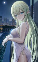 Rule 34 | 1girl, balcony, blonde hair, blue eyes, blush, breasts, building, cityscape, commentary request, cowboy shot, elf, full moon, hair between eyes, highres, large breasts, lingerie, long hair, looking at viewer, looking back, may9, moon, moonlight, negligee, night, original, outdoors, pointy ears, side slit, sky, smile, star (sky), starry sky, straight hair, underwear