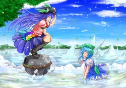 Rule 34 | 2girls, bad id, bad pixiv id, barefoot, blouse, blue dress, blue hair, boots, bow, cirno, cloud, day, dress, closed eyes, food, fruit, grin, hair bow, hair ribbon, hand on headwear, hand on own knee, hat, highres, hill, hinanawi tenshi, ice, ice wings, keystone, lake, leaf, long hair, multiple girls, no panties, o o, open mouth, outdoors, peach, ribbon, rope, shimenawa, shirt, short hair, sitting, skirt, sky, smile, squatting, touhou, tree, wakagashira, wariza, water, wings
