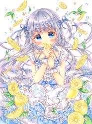Rule 34 | 1girl, blue bow, blue eyes, blue ribbon, blush, bow, commentary, covering own mouth, cowboy shot, dress, flower, food, frilled dress, frills, fruit, hair flower, hair ornament, hair ribbon, head tilt, highres, holding, holding food, holding fruit, leaf, lemon, lemon slice, long hair, looking at viewer, marker (medium), original, puu (kari---ume), ribbon, short sleeves, silver hair, simple background, solo, symbol-only commentary, traditional media, two side up, w arms, water drop, white background, white dress, wrist cuffs