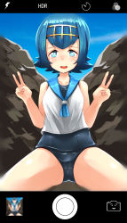 Rule 34 | 10s, 1girl, absurdres, alternate color, blue eyes, blue hair, blunt bangs, cameltoe, collarbone, creatures (company), double v, elusya, female focus, game freak, hairband, highres, lana (pokemon), matching hair/eyes, nintendo, npc trainer, one-piece swimsuit, open mouth, pokemon, pokemon sm, sailor collar, shiny clothes, shiny skin, sleeveless, solo, swimsuit, swimsuit under clothes, taking picture, tears, trial captain, v