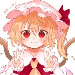 Rule 34 | 1girl, ascot, blonde hair, blush, closed mouth, double v, flandre scarlet, happy, hyaku paasento, light smile, looking at viewer, medium hair, multicolored wings, one side up, puffy short sleeves, puffy sleeves, red eyes, red vest, shirt, short sleeves, solo, touhou, v, vest, white background, white headwear, white shirt, wings, wrist cuffs, yellow ascot
