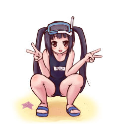 Rule 34 | 1girl, beach, black hair, blue footwear, blue one-piece swimsuit, blush, brown eyes, collarbone, diving mask, diving mask on head, double v, goggles, goggles on head, kooh, long hair, looking at viewer, name tag, one-piece swimsuit, open mouth, pangya, sand, sandals, school swimsuit, smile, snorkel, solo, souzan kurasuke, starfish, swimsuit, twintails, v, white background