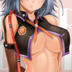 Rule 34 | 10s, 1girl, alisa ilinichina amiella, arms behind back, bad id, bad pixiv id, bare shoulders, breasts, elbow gloves, female focus, gloves, god eater, god eater burst, gradient background, hat, head out of frame, highres, large breasts, oni-noboru, revision, short hair, silver hair, smile, solo, underboob, upper body