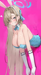Rule 34 | 1girl, absurdres, animal ears, asuna (blue archive), asuna (bunny) (blue archive), bare shoulders, blue archive, blue bow, blue bowtie, blue eyes, blue ribbon, bow, bowtie, breasts, brown hair, cleavage, commentary request, detached collar, elbow gloves, fake animal ears, gloves, hair ribbon, halo, highres, kuroshiro kanae, large breasts, leotard, looking at viewer, mole, mole on breast, official alternate costume, pink background, playboy bunny, rabbit ears, rabbit hole (vocaloid), ribbon, simple background, solo, through wall, white gloves