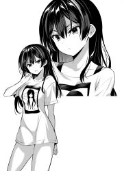 Rule 34 | 1girl, breasts, closed mouth, contrapposto, greyscale, highres, long hair, looking at viewer, medium breasts, monochrome, multiple views, naked shirt, open mouth, original, print shirt, projected inset, sanshoku amido, shirt, short sleeves, simple background, standing, white background