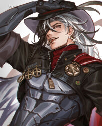 Rule 34 | 1boy, black hat, black jacket, boothill (honkai: star rail), bullet in mouth, cropped jacket, crovius, ear piercing, grey hair, hair over one eye, hand on headwear, hand on own head, hat, highres, honkai: star rail, honkai (series), jacket, long hair, looking at viewer, looking down, male focus, mechanical arms, mechanical parts, mole, mole under eye, multicolored hair, parted lips, piercing, police badge, red eyes, revealing clothes, scar, scar on chest, sharp teeth, simple background, sleeves rolled up, solo, split-color hair, teeth, tongue, tongue out, upper body, zipper