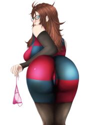 Rule 34 | 1girl, android 21, ass, dragon ball, from behind, glasses, holding, holding clothes, holding panties, holding underwear, looking at viewer, looking back, mature female, panties, sd 81, simple background, solo, underwear