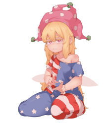 Rule 34 | 1girl, bad id, bad pixiv id, blonde hair, bright pupils, clownpiece, hat, highres, jester cap, long hair, open mouth, pants, pantyhose, polka dot, sitting, solo, soya6479, star (symbol), star print, touhou, white pupils