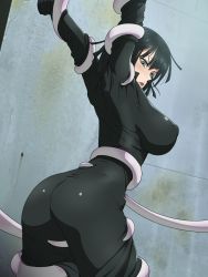 Rule 34 | 1girl, arm grab, arms up, ass, between legs, black dress, black hair, blush, breasts, cowboy shot, don (rg06268), dress, covered erect nipples, female focus, from behind, fubuki (one-punch man), green eyes, highres, huge breasts, ice place, imminent rape, indoors, legs, long dress, long sleeves, looking down, one-punch man, parted lips, puffy areolae, puffy nipples, restrained, short hair, sideboob, solo focus, standing, sweatdrop, tentacles, thighs