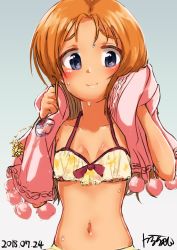 Rule 34 | 10s, 1girl, alternate hair length, alternate hairstyle, artist name, bikini, blue eyes, blush, bow, bow bra, bra, breasts, closed mouth, commentary request, dated, emblem, frilled bikini, frills, girls und panzer, hair down, highres, holding, holding towel, karu (ricardo 2628), light blush, long hair, looking at viewer, navel, orange hair, orange pekoe (girls und panzer), parted bangs, partial commentary, pink towel, signature, small breasts, smile, solo, st. gloriana&#039;s (emblem), swimsuit, towel, underwear, wet, yellow bikini