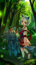 Rule 34 | 1girl, absurdres, bare shoulders, barefoot, bear trap, blue hair, blue shirt, collarbone, forest, frilled skirt, frills, full body, green background, head tilt, highres, kourou (kouroukun), looking at viewer, looking to the side, mitsugashira enoko, moss, nature, open mouth, outdoors, red eyes, red skirt, rock, shirt, short hair, skirt, soles, standing, standing on one leg, teeth, tongue, tongue out, touhou, tree, two-headed dog