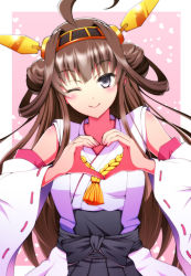 Rule 34 | 10s, 1girl, ahoge, black eyes, braid, brown hair, detached sleeves, hairband, heart, heart hands, japanese clothes, kantai collection, kongou (kancolle), looking at viewer, one eye closed, ookami maito, personification, ribbon-trimmed sleeves, ribbon trim, smile, solo, wink