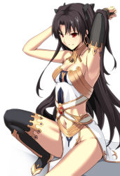 Rule 34 | 1girl, adjusting hair, armlet, armpits, arms up, bare arms, bare legs, bare shoulders, barefoot, black gloves, black hair, black ribbon, black thighhighs, breasts, bridal gauntlets, cleavage, clothing cutout, crown, earrings, elbow gloves, fate/grand order, fate (series), female focus, gem, gloves, hair ribbon, hoop earrings, ishtar (fate), jewelry, knee up, legs, long hair, looking at viewer, medium breasts, naughty face, navel, navel cutout, neck, neck ring, pelvic curtain, red eyes, revealing clothes, ribbon, shiseki hirame, simple background, single elbow glove, single glove, single thighhigh, sitting, smile, solo, strapless, thighhighs, thighlet, toeless legwear, toes, tohsaka rin, two side up, type-moon, very long hair, white background