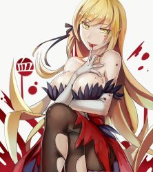 Rule 34 | 1girl, bare shoulders, black pantyhose, blonde hair, blood, breasts, cleavage, crossed legs, dress, elbow gloves, gloves, hair ribbon, kiss-shot acerola-orion heart-under-blade, large breasts, long hair, looking at viewer, monogatari (series), oshino shinobu, pantyhose, ribbon, sitting, solo, torn clothes, torn pantyhose, walzrj, white gloves, yellow eyes