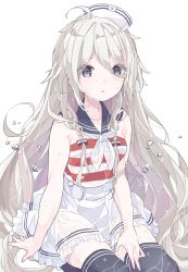 Rule 34 | 1girl, absurdres, alternate costume, blue eyes, character name, collarbone, commentary, expressionless, frilled skirt, frills, hat, highres, ia (vocaloid), konpe itou, looking at viewer, neckerchief, platinum blonde hair, sailor collar, sailor hat, see-through, seiza, shirt, sitting, skirt, sleeveless, sleeveless shirt, solo, strapless, strapless shirt, striped clothes, striped shirt, thighhighs, vocaloid, water drop, wet, white neckerchief