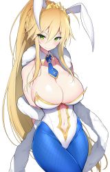 Rule 34 | 1girl, absurdres, ahoge, animal ears, arms behind back, artoria pendragon (all), artoria pendragon (fate), artoria pendragon (swimsuit ruler) (fate), bare arms, blonde hair, blue pantyhose, blush, braid, breasts, cleavage, closed mouth, clothing cutout, collarbone, cowboy shot, crossed bangs, crown, detached collar, fake animal ears, fate/grand order, fate (series), fishnet pantyhose, fishnets, fur, green eyes, hair between eyes, highleg, highleg leotard, highres, ichi-jirushi, large breasts, leotard, long hair, looking at viewer, navel, navel cutout, necktie, pantyhose, playboy bunny, ponytail, rabbit ears, simple background, smile, solo, strapless, strapless leotard, v-shaped eyebrows, very long hair, white background