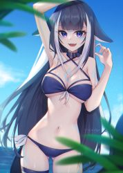 Rule 34 | 1girl, :d, animal ear fluff, arm up, armpits, bare shoulders, bikini, black hair, blue bikini, blue sky, blunt bangs, blush, breasts, buckle, cleavage, collar, collarbone, cowboy shot, day, facial mark, fang, gluteal fold, grey hair, highres, horizon, indie virtual youtuber, large breasts, long hair, looking at viewer, multicolored hair, navel, nealayiskah, ocean, open mouth, purple eyes, shylily, shylily (bikini), signature, sky, smile, solo, stomach, streaked hair, swimsuit, thigh strap, two-tone hair, underboob, very long hair, virtual youtuber, water