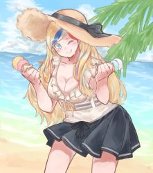 Rule 34 | 1girl, aqua eyes, az toride, beach, belt, belt buckle, blouse, breasts, buckle, cleavage, cloud, cloudy sky, collarbone, commandant teste (kancolle), commentary, dress, food, hat, hat ribbon, holding, holding food, ice cream cone, kantai collection, large breasts, long hair, low neckline, multicolored hair, ocean, outdoors, pleated skirt, ribbon, shirt, shore, skirt, sky, smile, solo, streaked hair, sun hat, swept bangs