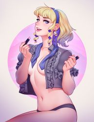 Rule 34 | 1girl, black panties, blonde hair, blue hairband, breasts, collarbone, commentary, constance von nuvelle, cosmetics, cropped jacket, earrings, english commentary, fire emblem, fire emblem: three houses, frilled jacket, frills, from side, grey background, grey jacket, hairband, hands up, highres, holding, holding lipstick tube, jacket, jewelry, lips, lipstick tube, looking at viewer, medium breasts, navel, nintendo, no bra, no shirt, open clothes, open jacket, panties, pink background, purple eyes, short hair, sitting, solo, stomach, teeth, tsuaii, underwear, upper teeth only