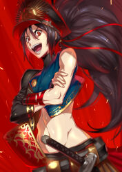 Rule 34 | 1girl, absurdres, brown hair, crossed arms, evil smile, fate (series), flat chest, hat, highres, ippo, military hat, navel, oda nobunaga (fate), red background, red eyes, smile, sword, teeth, weapon