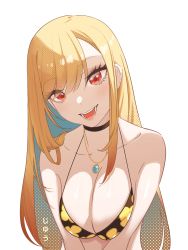 Rule 34 | 1girl, absurdres, bikini, black bikini, black choker, blonde hair, blush, breasts, breasts squeezed together, character name, choker, cleavage, collarbone, earrings, floral print, highres, jewelry, jhaysie, kitagawa marin, large breasts, long hair, multiple earrings, necklace, open mouth, parted bangs, print bikini, red eyes, shiny skin, simple background, smile, solo, sono bisque doll wa koi wo suru, stud earrings, swimsuit, upper body, very long hair, white background