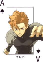 Rule 34 | 00s, 1boy, ace (playing card), ace of spades, baccano!, bodysuit, card, card (medium), character name, claire stanfield, enami katsumi, leaning forward, male focus, official art, orange eyes, orange hair, playing card, ryohgo narita (mangaka), smile, solo, spade (shape)