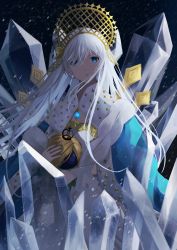Rule 34 | 1girl, anastasia (fate), blue cape, blue eyes, cape, cowboy shot, crown, dark background, doll, dress, fate/grand order, fate (series), gold trim, hair over one eye, highres, hirakana, holding, holding doll, ice, ice crystal, jewelry, long hair, looking at viewer, mini crown, parted lips, pendant, snowing, solo, viy (fate), white dress, white hair