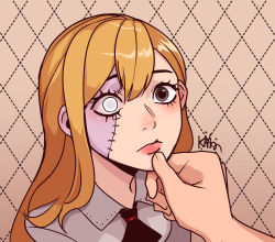 Rule 34 | 1girl, 1other, black neckwear, brown eyes, collared shirt, colored skin, disembodied hand, hair between eyes, hand on another&#039;s chin, highres, long hair, multicolored skin, orange hair, original, shirt, stitched face, stitches, tsuchu (opyatetalali), two-tone skin, white eyes, zombie