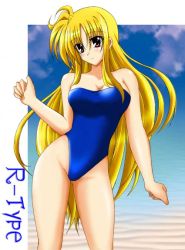 Rule 34 | 00s, 1girl, bare shoulders, beach, blonde hair, breasts, cleavage, fate testarossa, large breasts, long hair, lyrical nanoha, mahou shoujo lyrical nanoha, mahou shoujo lyrical nanoha strikers, one-piece swimsuit, red eyes, solo, swimsuit, very long hair