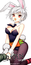 Rule 34 | 10s, 1girl, 2014, animal ears, artist name, battle bunny riven, breasts, carrot, character name, cleavage, fake animal ears, grey hair, league of legends, leotard, looking at viewer, opalheart, open mouth, pantyhose, playboy bunny, rabbit ears, rabbit tail, red eyes, riven (league of legends), short hair, simple background, solo, sword, tail, weapon, white background
