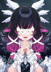 Rule 34 | 1girl, absurdres, aiguillette, arm ribbon, black hair, black nails, blunt bangs, bow, bowtie, closed eyes, coat, columbina (genshin impact), commentary, double-parted bangs, english commentary, eye mask, eyelashes, feathered wings, fingernails, fur-trimmed coat, fur trim, genshin impact, gradient hair, grey background, grimruu, hair ribbon, hands up, head wings, highres, interlocked fingers, lapels, light particles, light rays, long hair, lower teeth only, mask, multicolored hair, music, nail polish, open mouth, own hands together, pink hair, ribbon, sidelocks, simple background, singing, smile, solo, streaked hair, teeth, u u, upper body, white bow, white bowtie, white coat, white mask, white ribbon, white wings, wings, wrist bow
