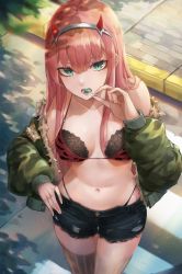 Rule 34 | 10s, 1girl, absurdres, aqua eyes, bikini, breasts, camouflage, candy, collarbone, darling in the franxx, denim, denim shorts, envysoi, eyeshadow, food, fur trim, hairband, hand on own hip, highres, horns, jacket, lollipop, long hair, looking at viewer, makeup, medium breasts, navel, off shoulder, outdoors, pink hair, round teeth, short shorts, shorts, solo, swimsuit, teeth, thighhighs, white hairband, zero two (darling in the franxx)