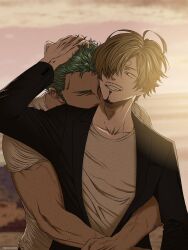 Rule 34 | 2boys, arm at side, beard, black jacket, blonde hair, blue eyes, closed eyes, collarbone, colored skin, cowboy shot, curly eyebrows, dark skin, dawn, facial hair, green hair, hair between eyes, hair over one eye, hand on another&#039;s head, headpat, highres, hug, hug from behind, jacket, kiss, kissing neck, looking at another, multiple boys, mustache, one piece, open clothes, open jacket, pinattsu, roronoa zoro, sanji (one piece), shirt, short hair, short sleeves, sky, veins, veiny arms, white shirt, white skin, yaoi