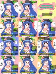 Rule 34 | 1girl, comic, female focus, food, fruit, hard-translated, hideous fonts, highres, hinanawi tenshi, multiple views, peach, third-party edit, touhou, translated