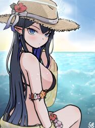 Rule 34 | 1girl, bikini, black bikini, black hair, blue archive, blue eyes, blush, breasts, colored inner hair, day, earrings, flower, halo, hand up, hat, hibiscus, highres, horizon, jewelry, large breasts, long hair, looking at viewer, looking back, multicolored hair, ocean, outdoors, pointy ears, rin (blue archive), shawl, shoeguy, signature, sitting, slit pupils, solo, straw hat, swimsuit, very long hair, wet