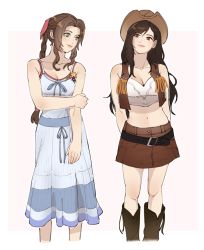 Rule 34 | 2girls, aerith gainsborough, arms behind back, bare arms, belt, black belt, black hair, blue ribbon, boots, braid, braided ponytail, breasts, brown hair, brown skirt, brown vest, cleavage, collarbone, cowboy boots, cowboy hat, crisis core final fantasy vii, crop top, dress, feet out of frame, final fantasy, final fantasy vii, fringe trim, green eyes, hair ribbon, hat, holding own arm, leather skirt, leather vest, long hair, looking to the side, loose belt, medium breasts, midriff, miniskirt, multiple girls, navel, official alternate costume, parted bangs, pink ribbon, pudelmudel, red eyes, ribbon, shirt, sidelocks, simple background, skirt, sleeveless, sleeveless dress, sleeveless shirt, smile, spaghetti strap, standing, striped clothes, striped dress, sundress, tifa lockhart, tifa lockhart (cowgirl), vest, wavy hair, white dress, white shirt