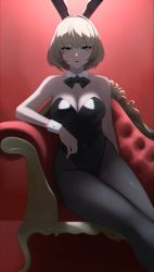 Rule 34 | 1girl, animal ears, aqua eyes, blonde hair, breasts, cleavage, collar, elbow rest, fake animal ears, highres, large breasts, leotard, pantyhose, playboy bunny, rabbit ears, senju (snz0), shadow, shiny clothes, short hair, sitting, solo, source request, white hair