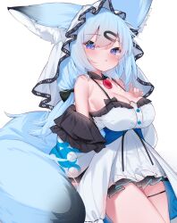 Rule 34 | 1girl, animal ear fluff, animal ears, bare shoulders, blue eyes, blue hair, blush, breasts, cleavage, detached collar, dress, eip (pepai), gradient eyes, hair ornament, hairclip, hand on own chest, highres, large breasts, light blue hair, long hair, looking at viewer, multicolored eyes, off shoulder, original, pink eyes, simple background, sleeveless, sleeveless dress, solo, tail, thigh strap, white background, white dress, white headdress, white veil