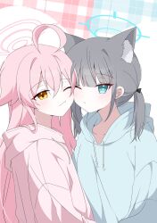 Rule 34 | 2girls, ahoge, animal ears, aqua eyes, blue archive, blue hoodie, cheek-to-cheek, closed mouth, extra ears, grey hair, halo, heads together, highres, hood, hoodie, hoshino (blue archive), long hair, long sleeves, looking at viewer, medium hair, multiple girls, one eye closed, pink hair, pink hoodie, seno (senohime), shiroko (blue archive), sidelocks, twintails, upper body, wolf ears, yellow eyes, yuri
