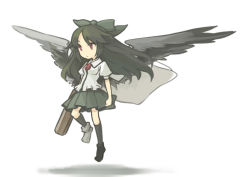 Rule 34 | 1girl, arm cannon, bad id, bad pixiv id, black hair, bow, cape, face, female focus, flying, hair bow, minoa (lastswallow), reiuji utsuho, solo, touhou, weapon, wings