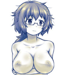 Rule 34 | 1girl, blush, breasts, closed mouth, collarbone, crossed arms, girls und panzer, glasses, highres, inverted nipples, kusaba (kusabashiki), large breasts, monochrome, nipples, no bra, oryou (girls und panzer), short hair, simple background, solo, upper body